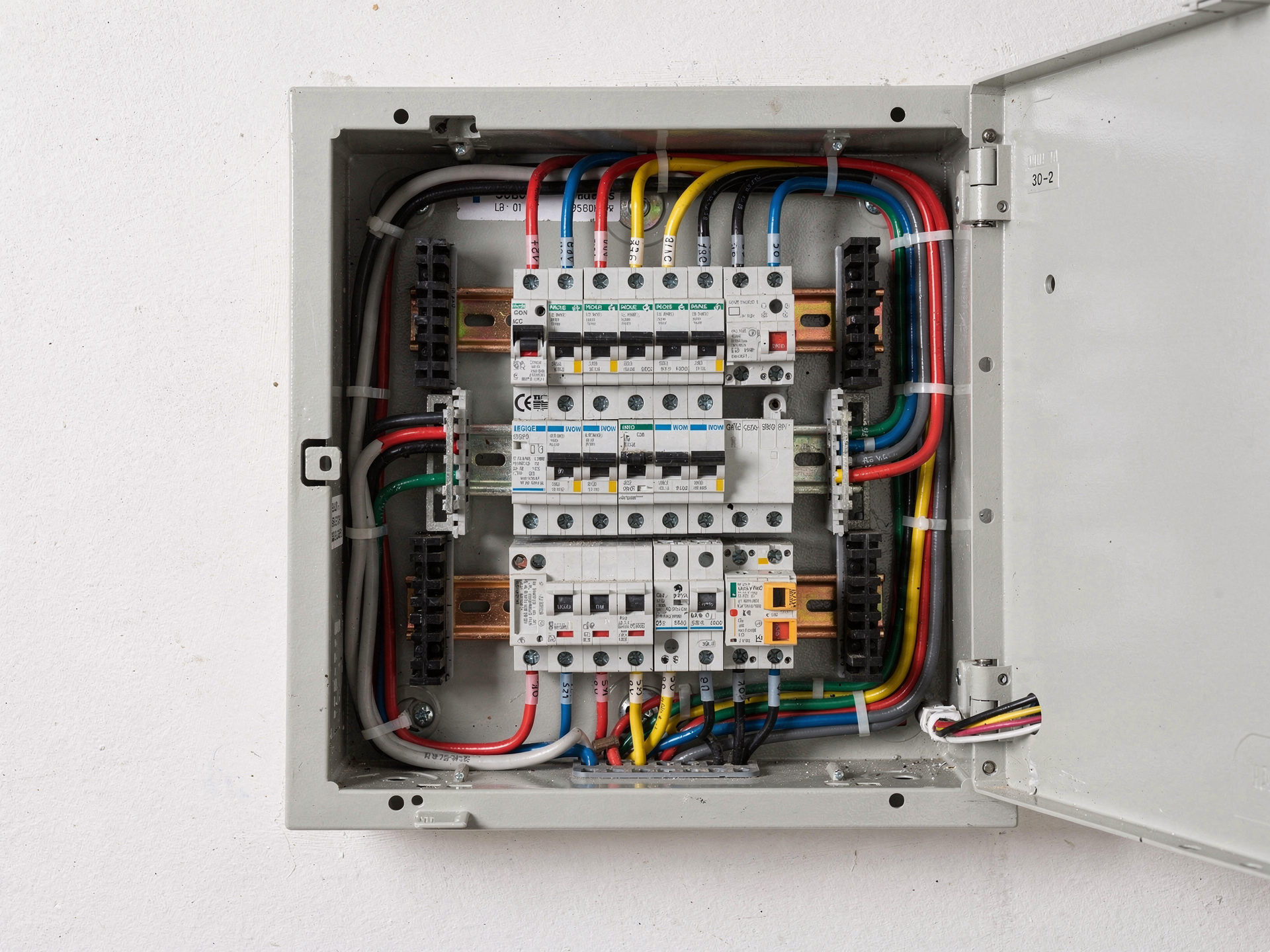 A neatly finished residential electrical panel with clean, organized, labeled wiring