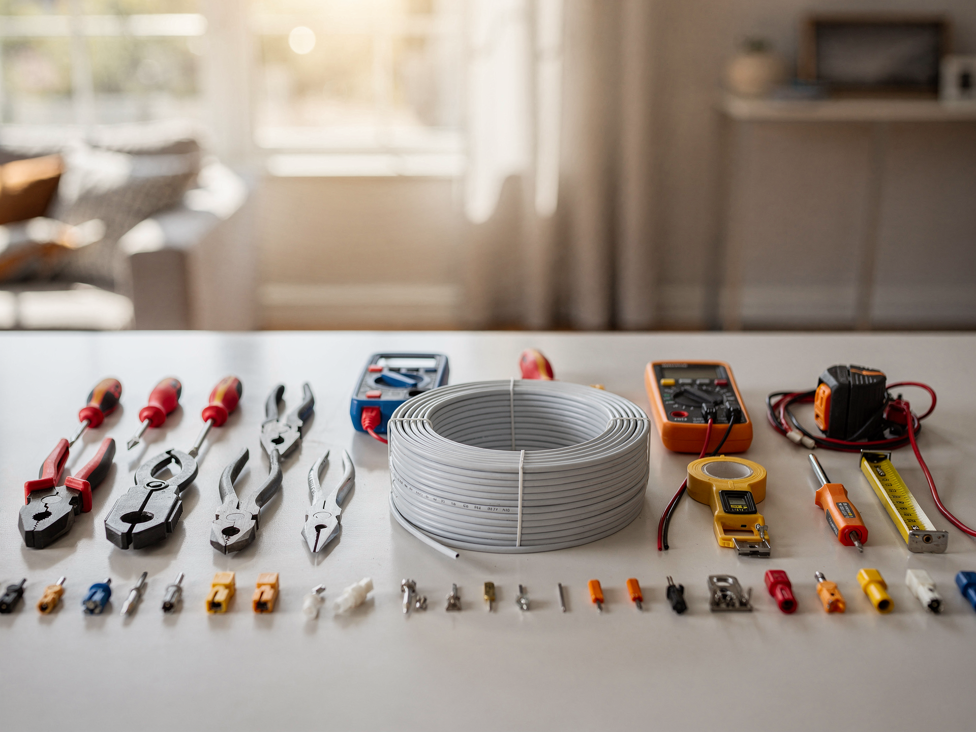 Neatly organized electrician tools and new wire laid out in a bright home interior